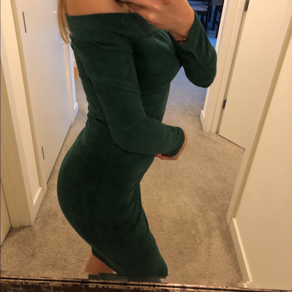Suede Long Sleeve Off Shoulder Midi Dress in Green - Picture 7 of 7